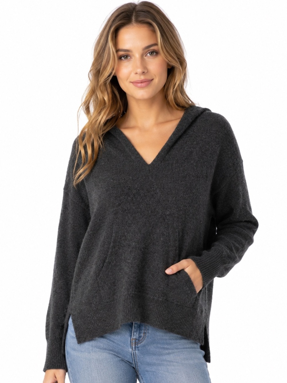 LUSSO 100% Cashmere Hoodie Sweater Charcoal Gray Women’s S